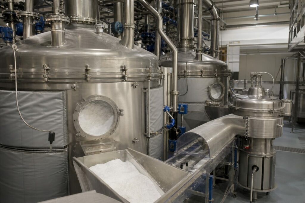 Stainless crystallizers and white-powder separation in a melamine unit
