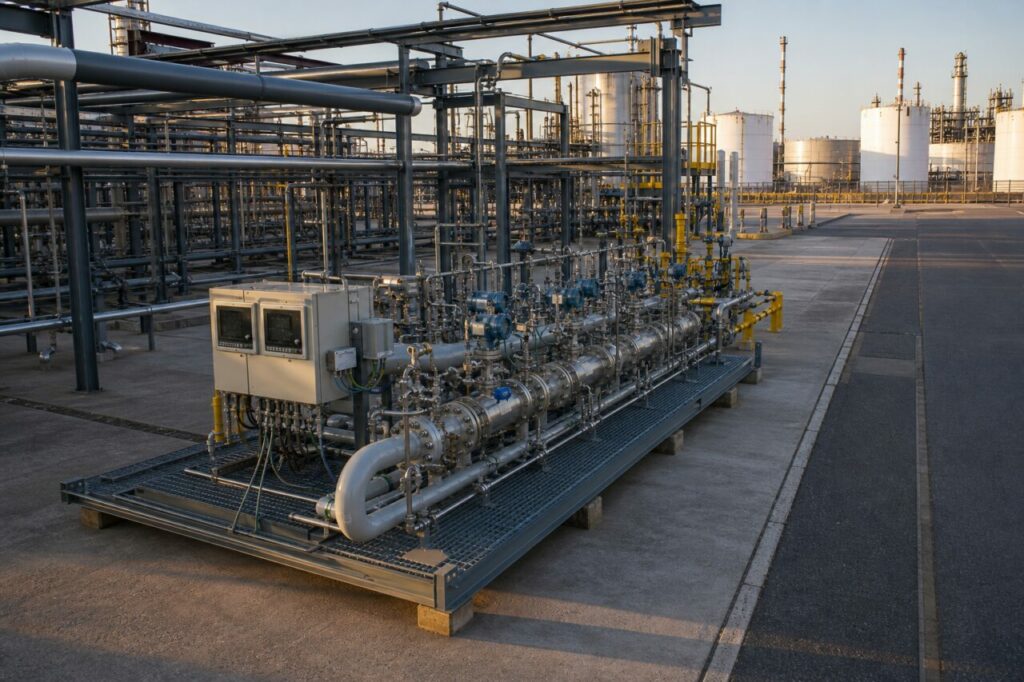 Metering unit with pipework and control cabinets
