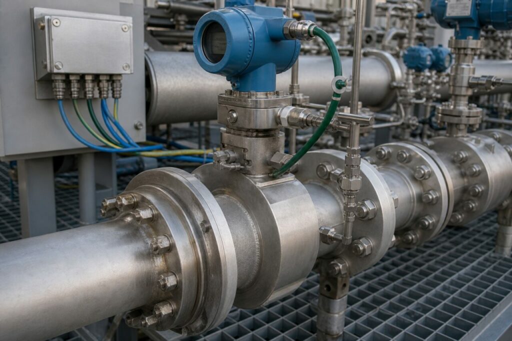 Flow meter, valves and calibration loops on the skid