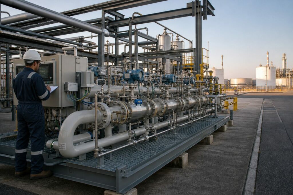 Technician beside the custody transfer metering skid