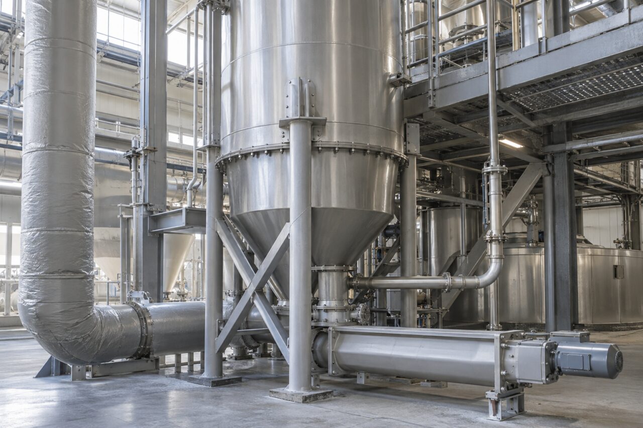 Cuve cylindrique et conduites isolées dans une zone de poudres de dioxyde de titane