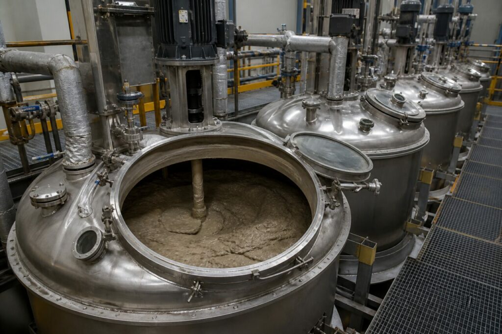Stainless vessels with circular openings and brown slurry for tantalite-coltan alkaline attack