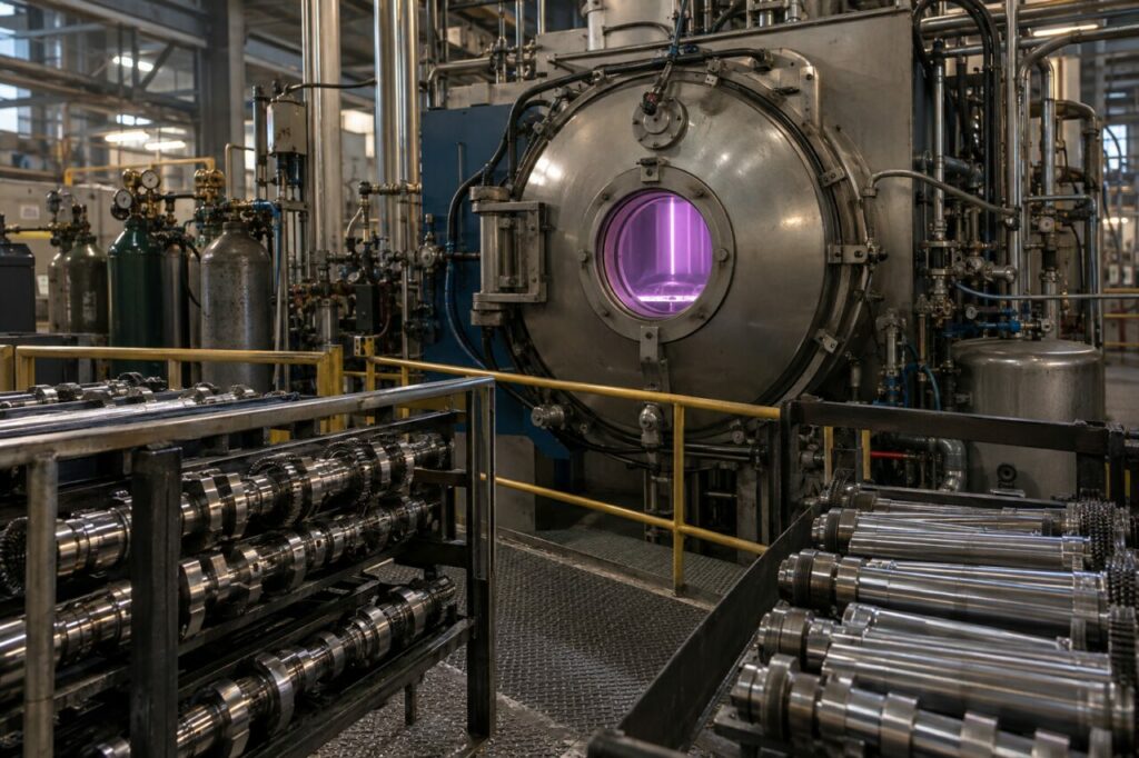 Cycle ionique — nitruration plasma d’arbres et pièces automobiles en acier avec hublot circulaire violet, raccords de pression, échangeur de refroidissement et plateforme métallique