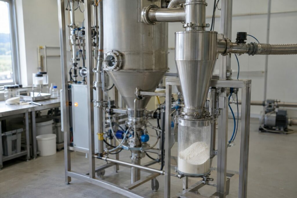Cyclone separator collecting powder from an aerosol process using spray pyrolysis