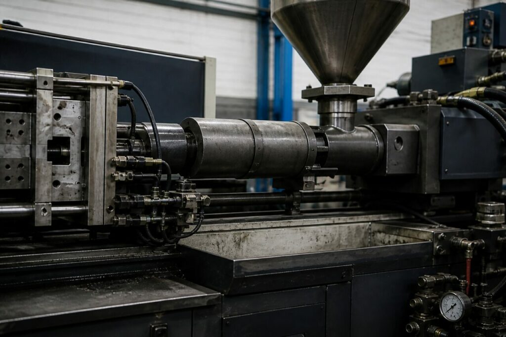 Injection barrel and feed block on an MIM press