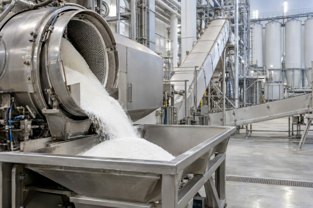 Déchargement de cristaux de betterave sucrière dans une raffinerie