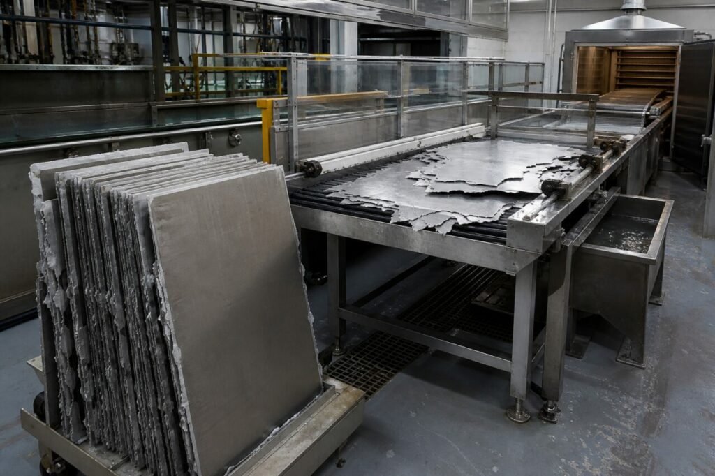 Lastre di manganese grigio-argento su convogliatore e supporto metallico in baia protetta