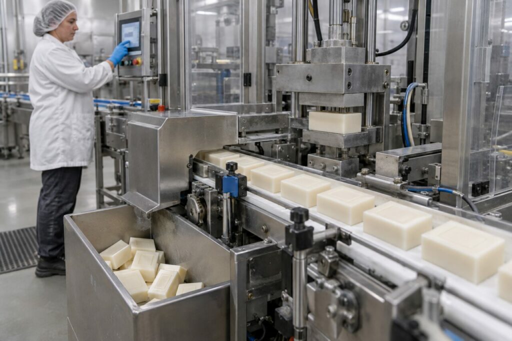 Découpe et estampage de pains de savon sur ligne automatique