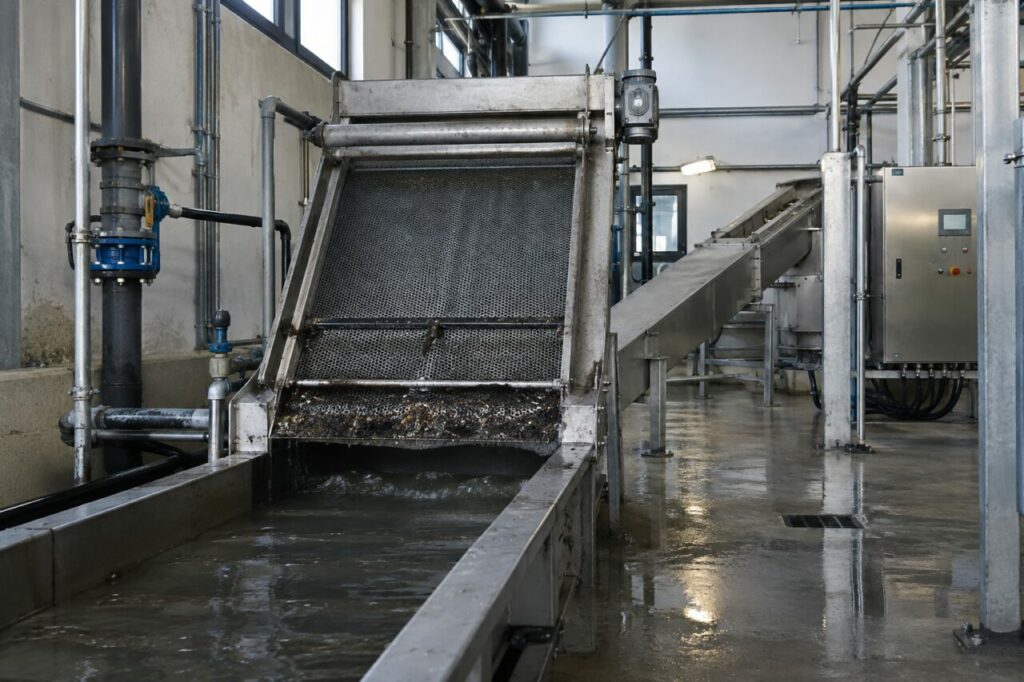 Dégrilleur mécanique — une salle de dégrillage avec dégrilleur mécanique à barres, canal de convoyage inoxydable, sol en béton humide et conduites de service aériennes