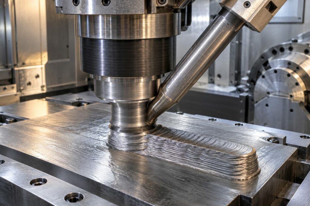 Dépôt additif métallique par friction-malaxage sur plaque usinée