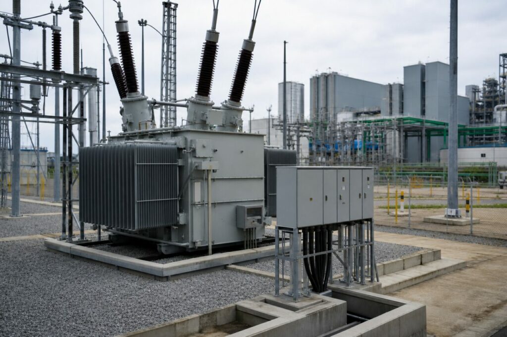 Des armoires de raccordement sont disposées à côté du transformateur électrique