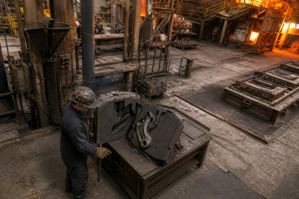 Metallische Kastenwände begrenzen den freigelegten Formhohlraum
