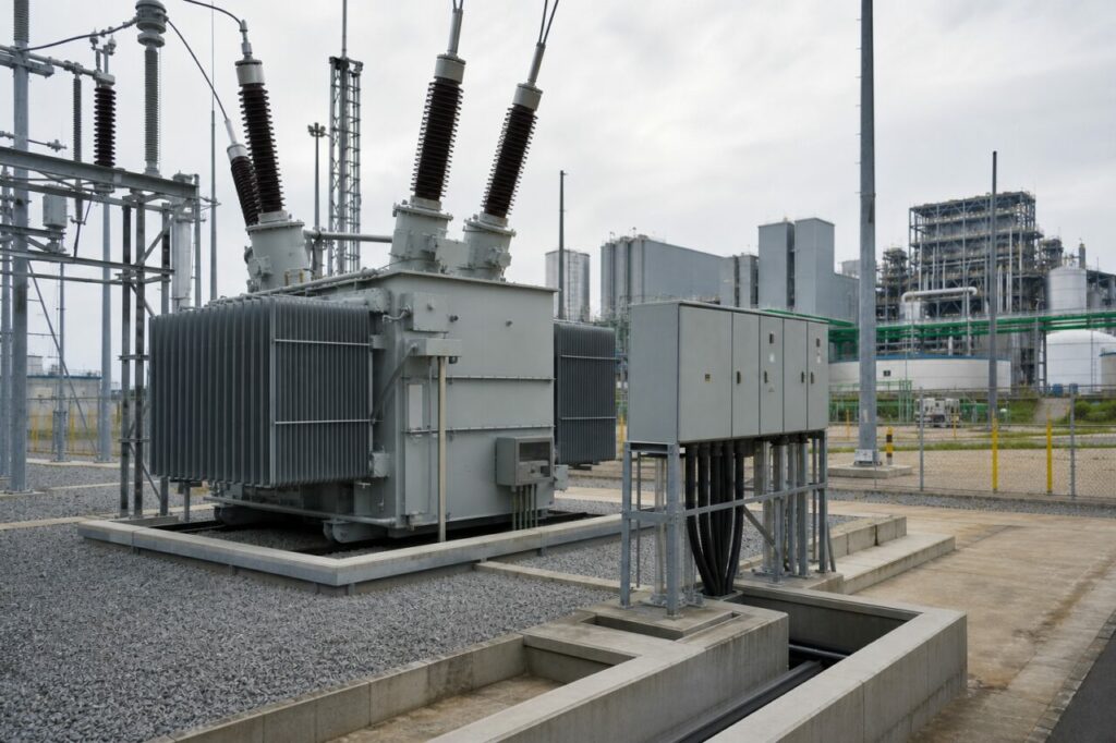 Des câbles de puissance aboutissent aux armoires de la sous-station hydrogène