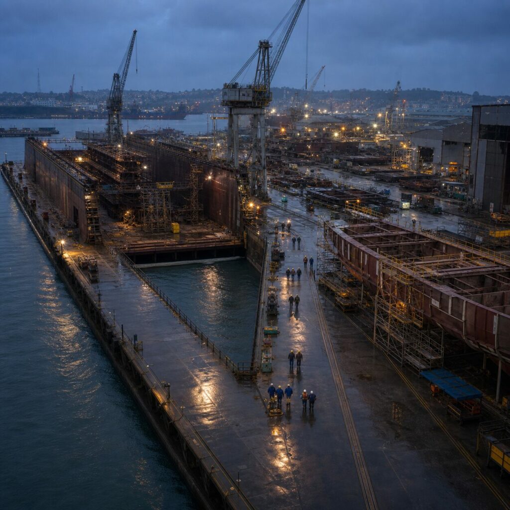 Werfploegen lopen tussen scheepssecties in aanbouw