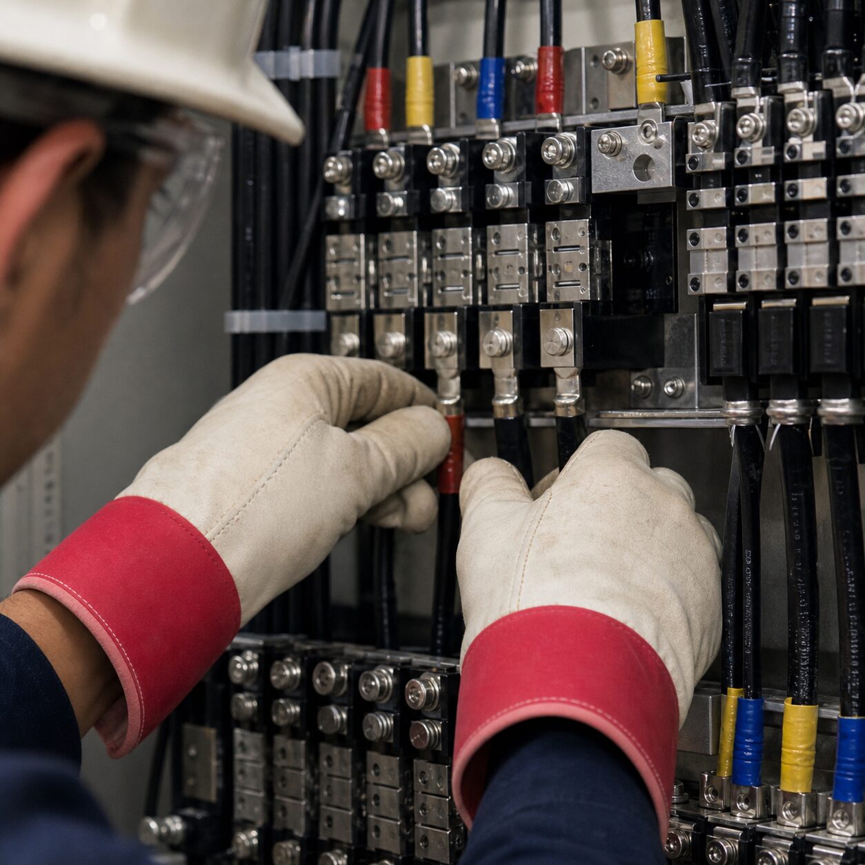 Gloved hands secure a red cable lug to the terminal block