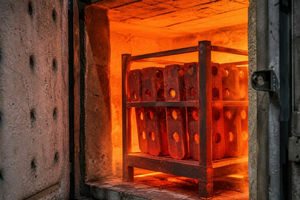 Een laadrek draagt rijen onderdelen in de hete ovenkamer
