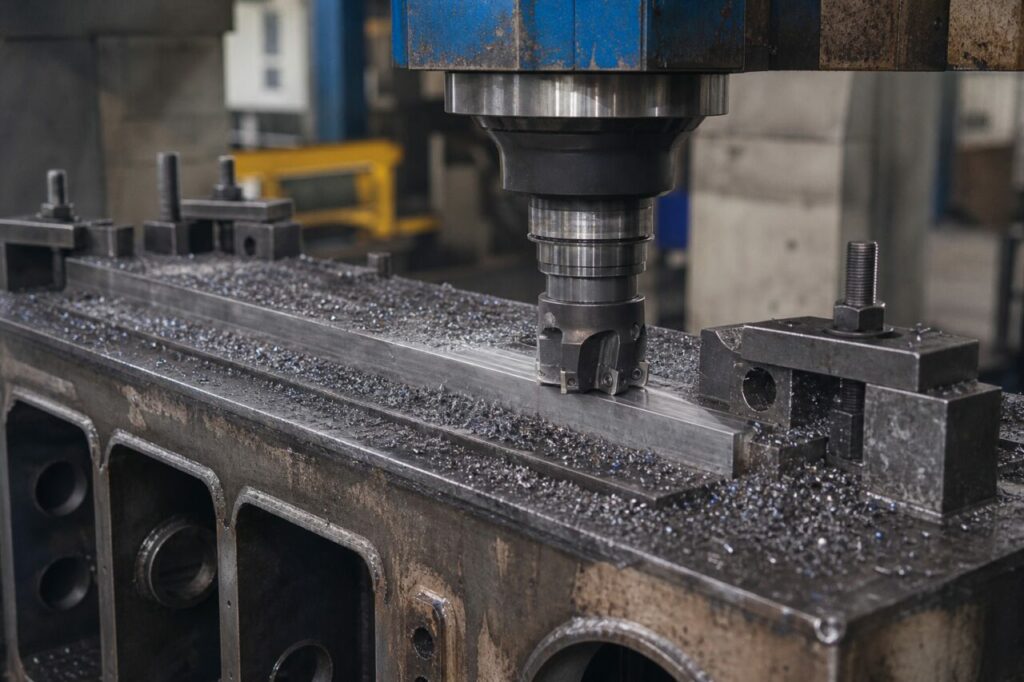 Milling cutter and metal chips on a welded frame crossmember during heavy machining