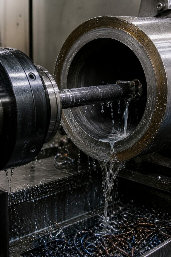 CNC-diepboormachine bewerkt een boorlichaam voor de olie-industrie — Close detail van gereedschap, snijvloeistof en bewerkte binnenwand