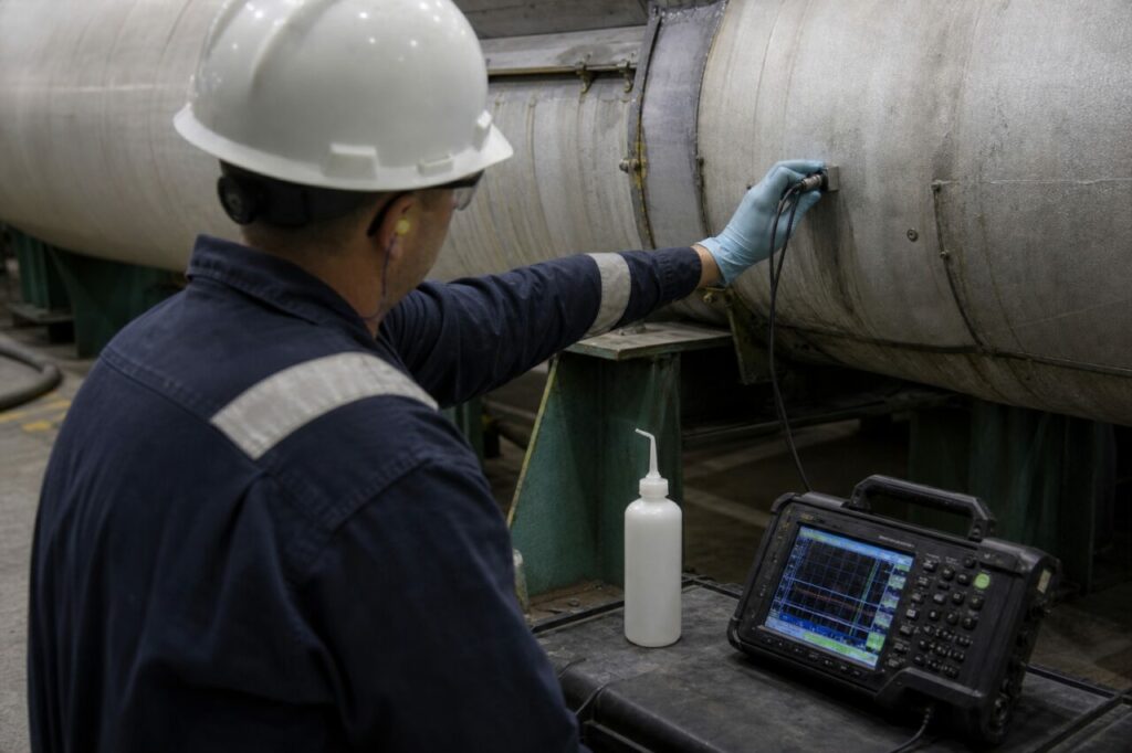 Détecteur ultrasonore et bouteille de couplant — Maintenance nucléaire, mesure ultrasonore de tuyauterie