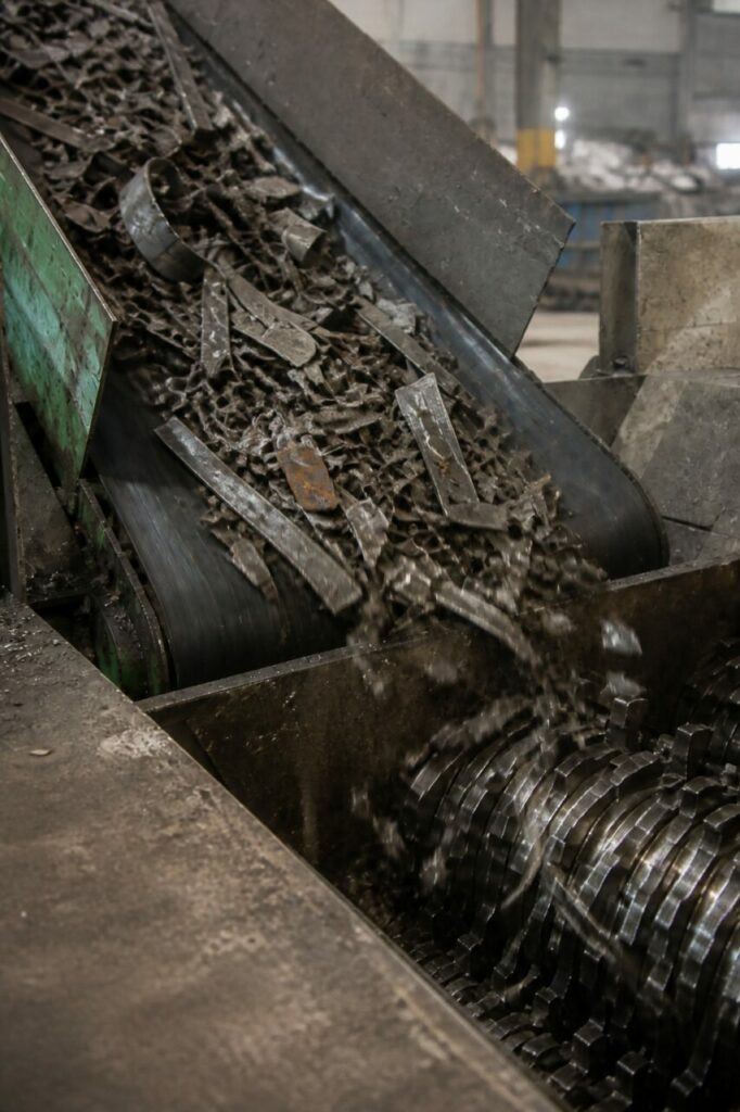 Due alberi a coltelli riducono il materiale portato dal nastro