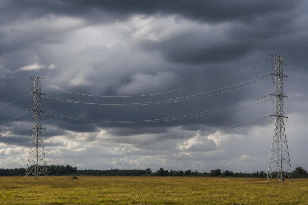 Deux pylônes treillis et leurs conducteurs au-dessus d’une plaine agricole