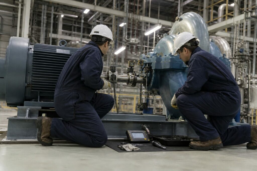 Two technicians align the shaft between the motor and pump