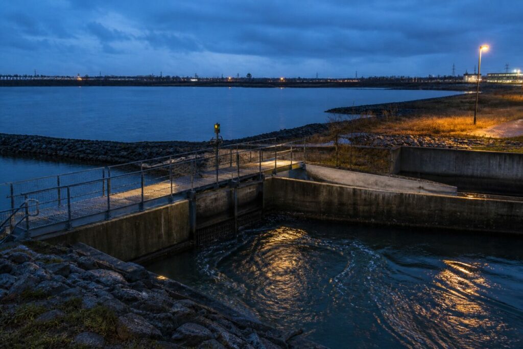 Digues en enrochements bordant le plan d'eau industriel
