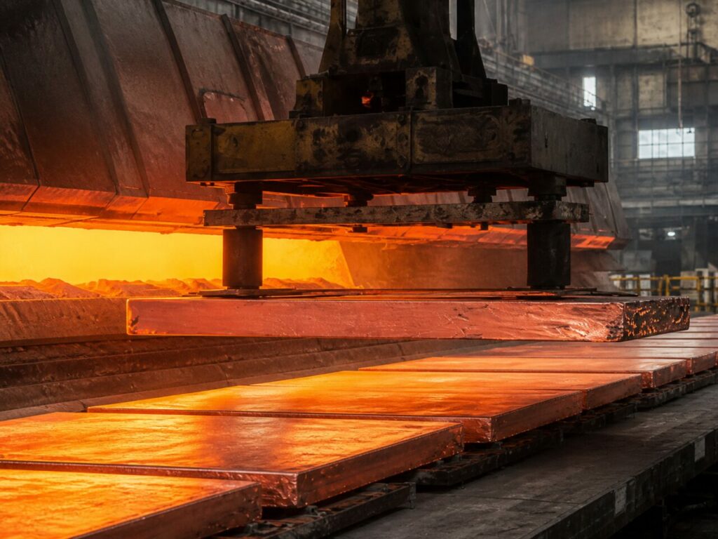 Hebevorrichtung positioniert die Kupferanode über der Handhabungslinie