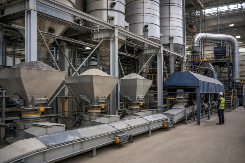Dosificación gravimétrica industrial de cenizas volantes, arena mineral y áridos finos en una línea de fabricación de geopolímeros