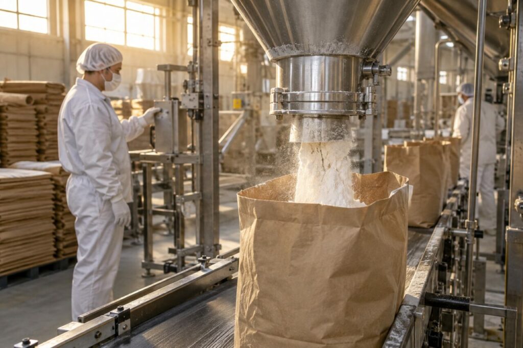 Dans la lumière chaude, un sac kraft de farine reçoit le flux de la doseuse inox