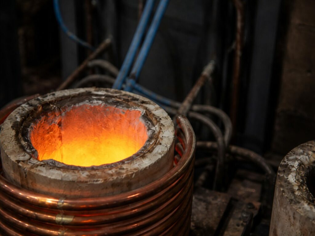 Offener Tiegel zeigt das Metallbad hinter seiner warmen Kruste