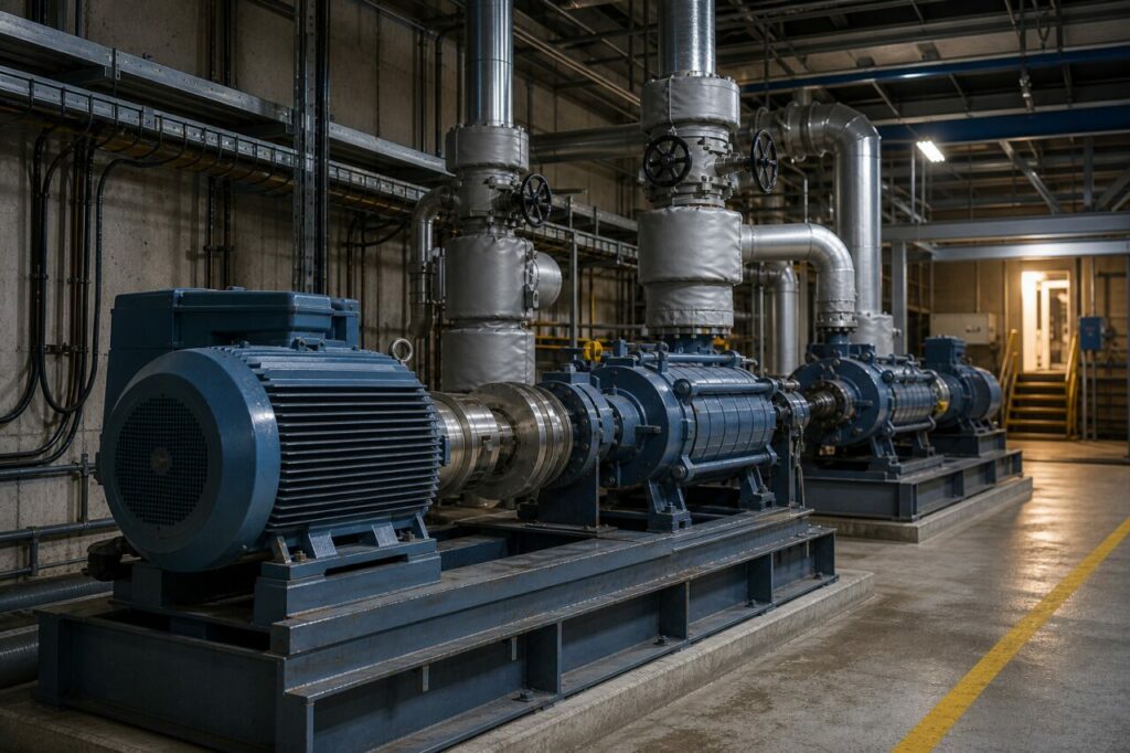 Water onder druk bereikt de ketel langs geïsoleerde buizen