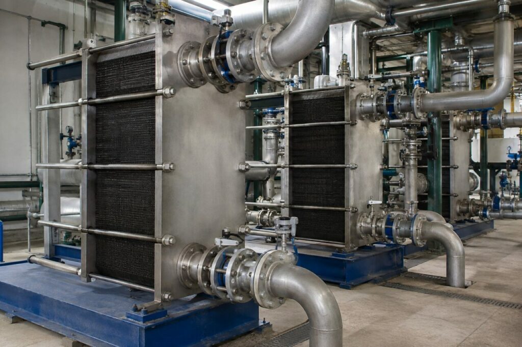 Scambiatori a piastre con flange blu in un locale tecnico