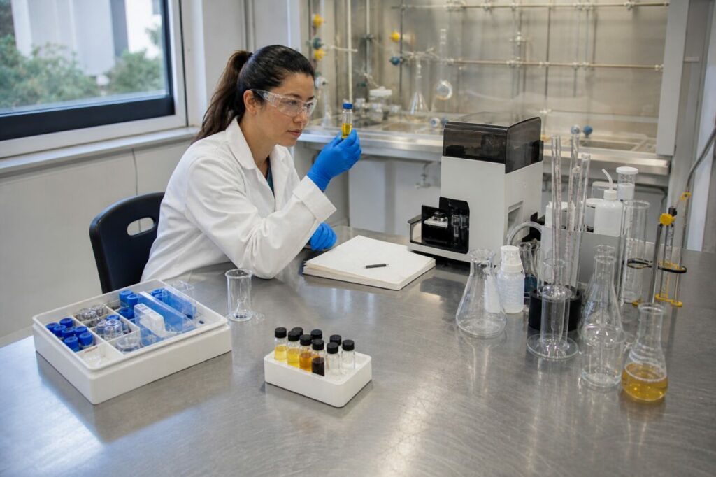 Échantillon d’hydrocarbure au centre d’une paillasse analytique