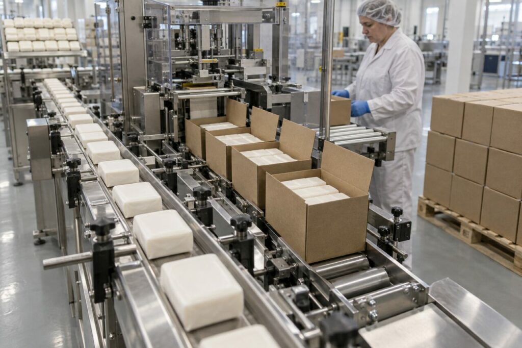Emballage de pains de savon dans des cartons pour expédition