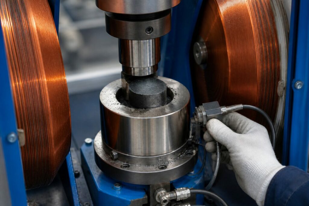 Kupferspule umgibt die magnetische Verdichtungszone