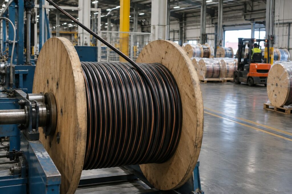 Enroulement de câble isolé sur grande bobine dans une usine