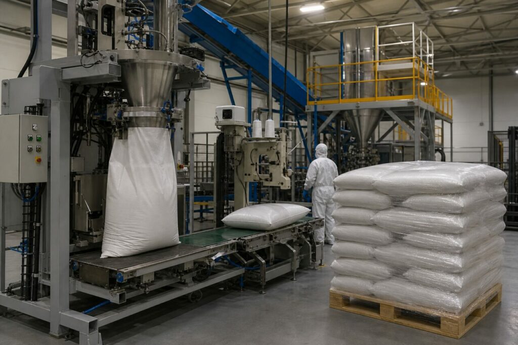Automatisches Abfüllen von superabsorbierendem SAP-Polymer in neutrale Industriesäcke auf einer Verpackungslinie