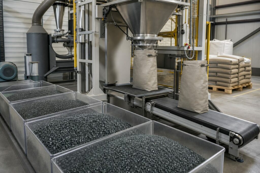 Industrielle Absackung abrasiver Siliziumkarbidkörner auf einer Verpackungslinie
