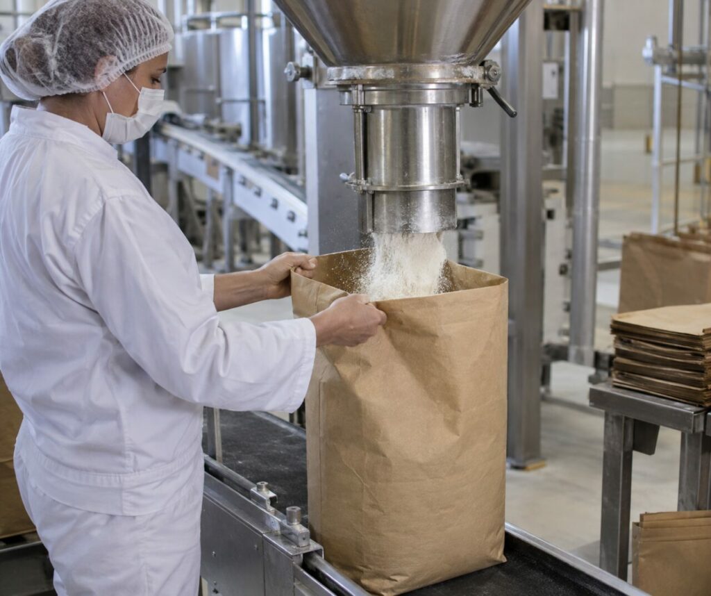 Ensachage de farine en sacs kraft sous doseuse inox avec contrôle opérateur