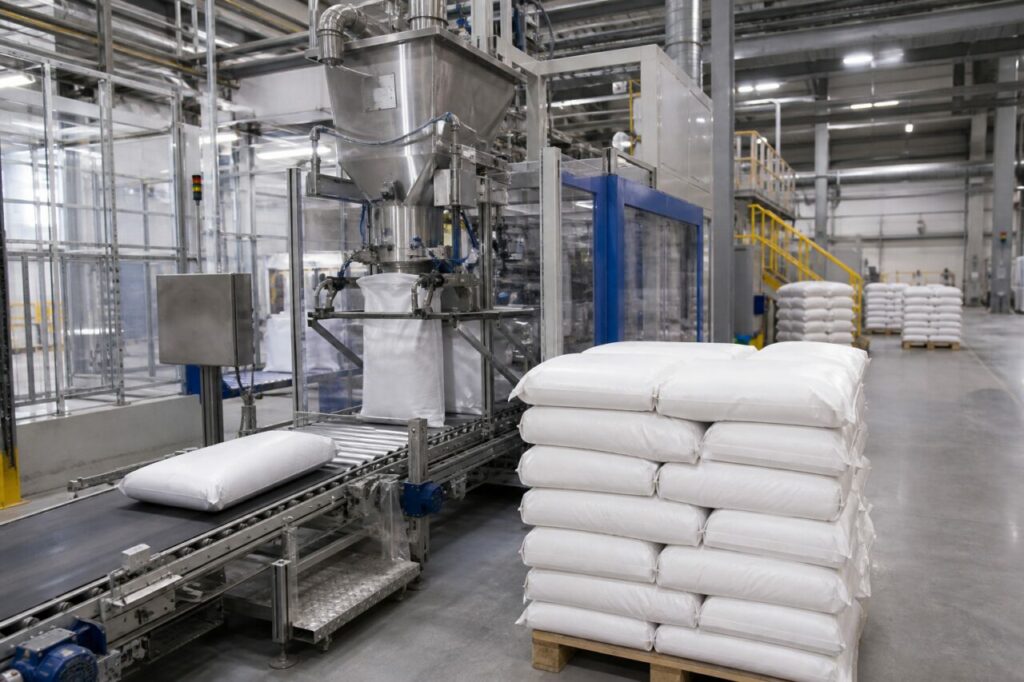 Industrielle Absackung von Melaminpulver in neutralen Säcken auf Paletten