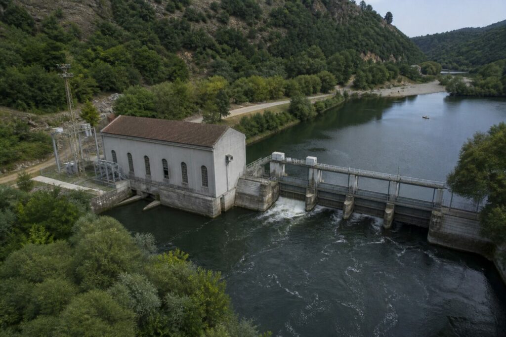 Ensemble hydroélectrique réunissant seuil, vannes, centrale et poste électrique
