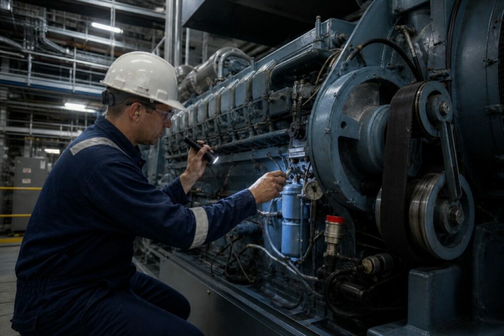 Entretien du groupe électrogène de secours nucléaire — Technicien et grand moteur-groupe bleu