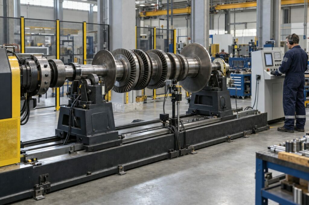 Sobre a bancada longa, equilibragem dinâmica de um rotor industrial com vários discos