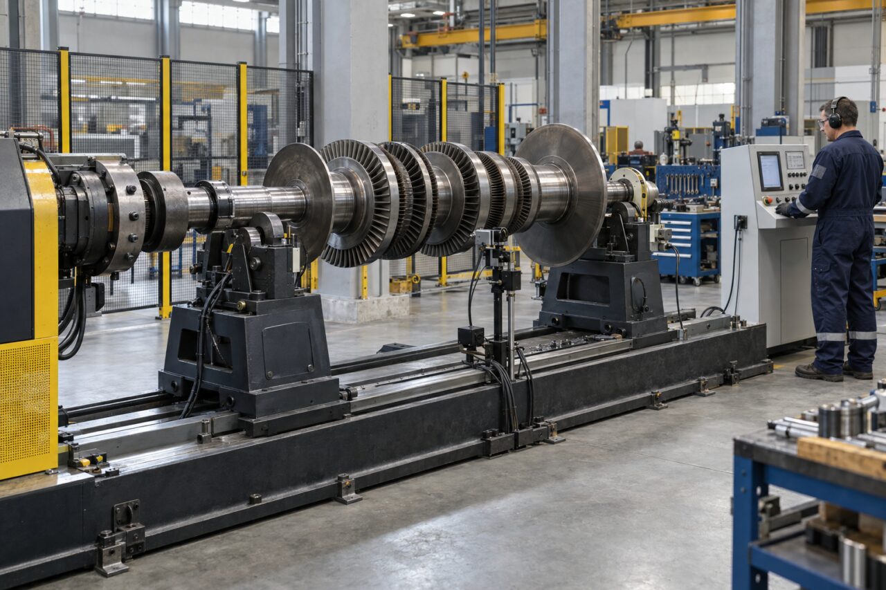 Sur le long banc, équilibrage dynamique d’un rotor industriel à plusieurs disques
