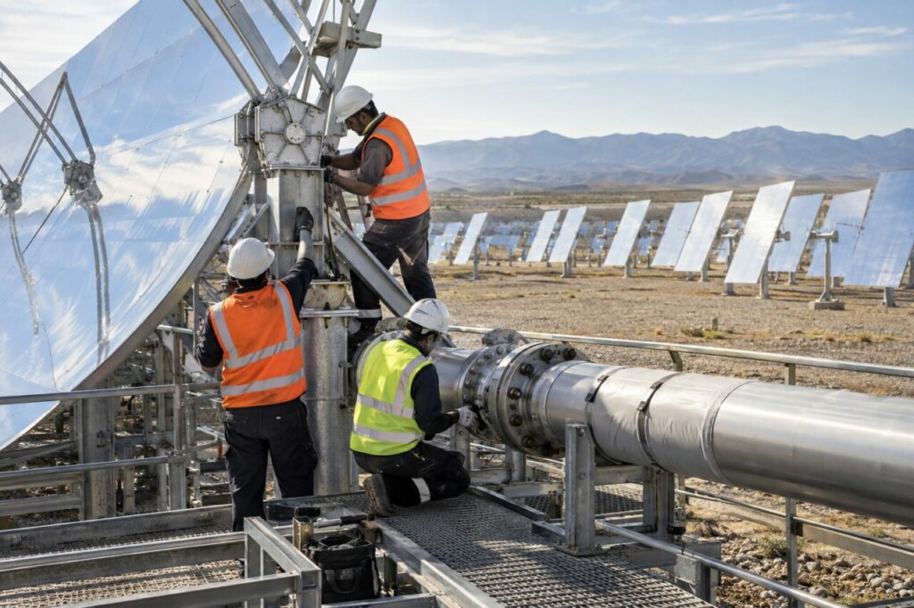 Équipe installant un collecteur solaire thermique près des héliostats