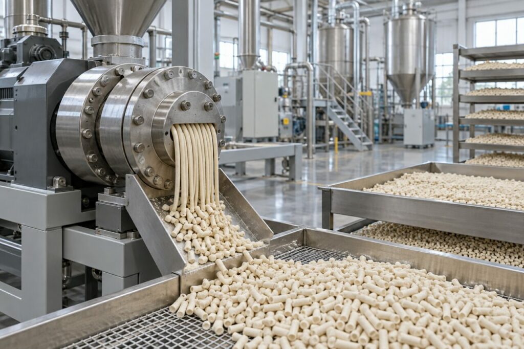 Zeolite molecular sieve extrusion emerging above an industrial screening line