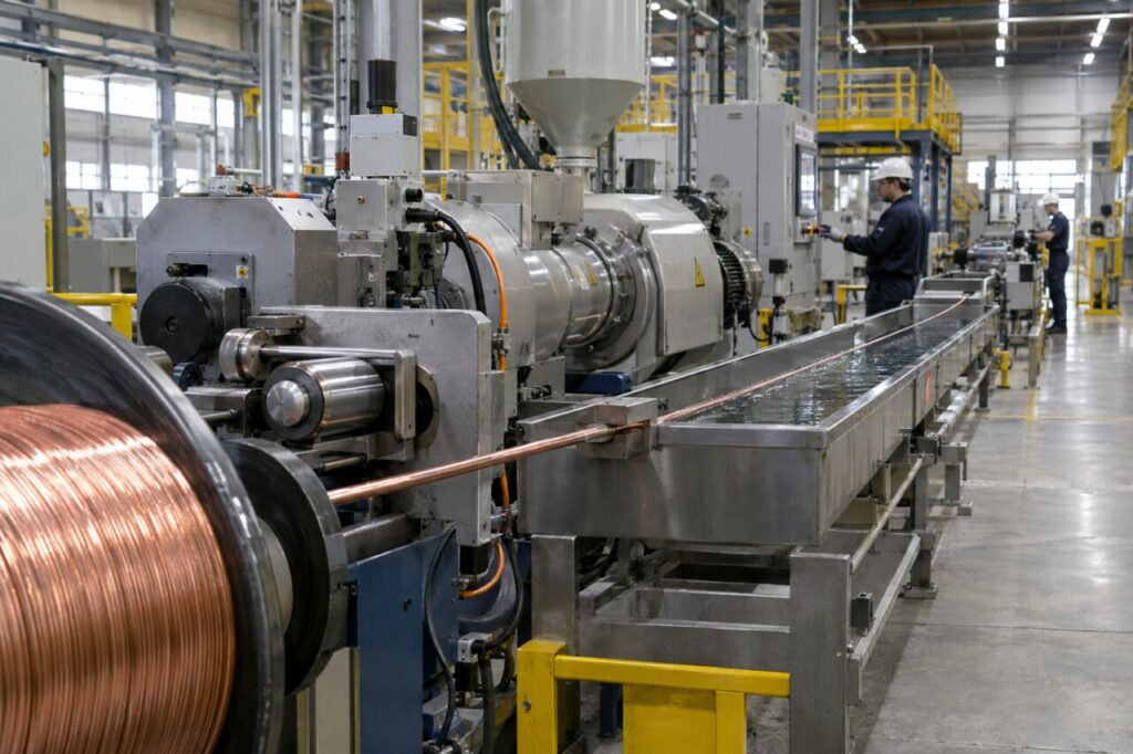Extrusion industrielle de câbles avec conducteur cuivre et gaine polymère