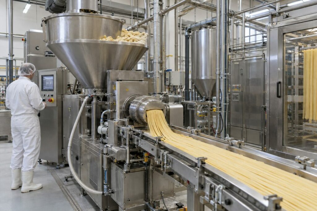 Extrusión industrial de pasta fresca en línea inoxidable