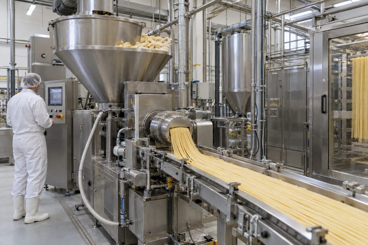 Industrial fresh pasta extrusion on a stainless line